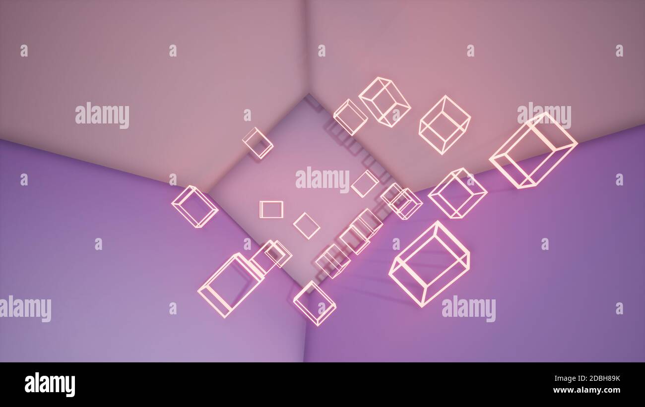 Abstrakter rosafarbener Hintergrund mit Neon-Quadraten, 3d-Rendering Stockfoto