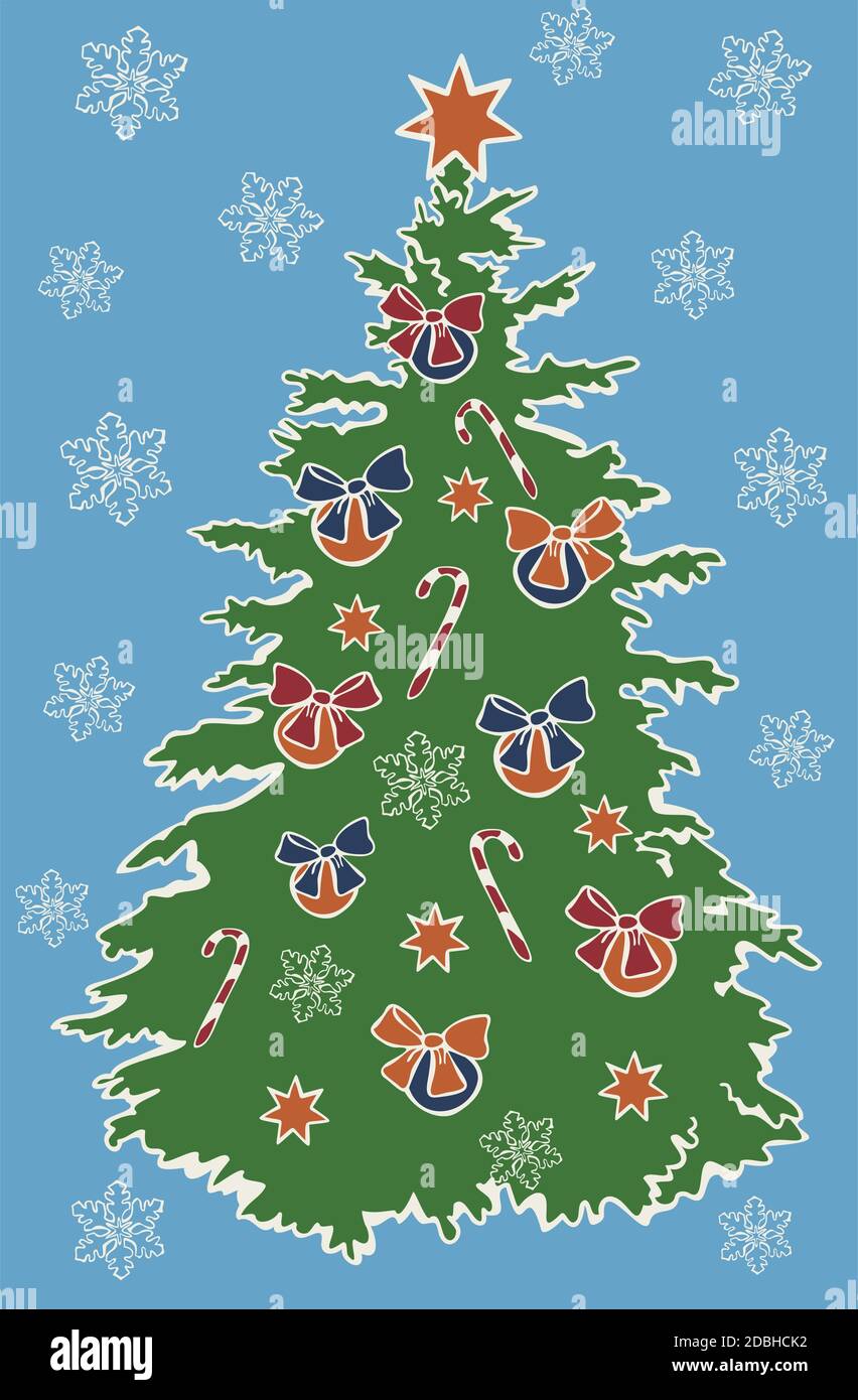 Vektor-Illustration Postkarte Design Weihnachtsbaum mit Weihnachtsschmuck und Süßigkeiten auf blauem Hintergrund. Weihnachtskarte im Retro-Vintage-Stil, Neujahr. Stock Vektor