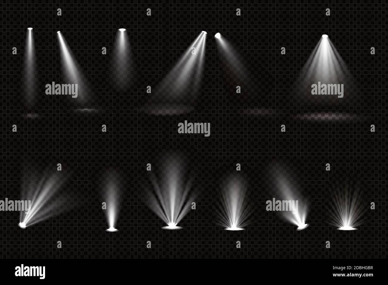 Lichtstrahlen von Strahlern und Bodenprojektoren isoliert auf transparentem Hintergrund. Vector realistische Satz von hellen weißen Strahlen für Beleuchtung Show, Konzert, Theaterbühne oder Podium Stock Vektor