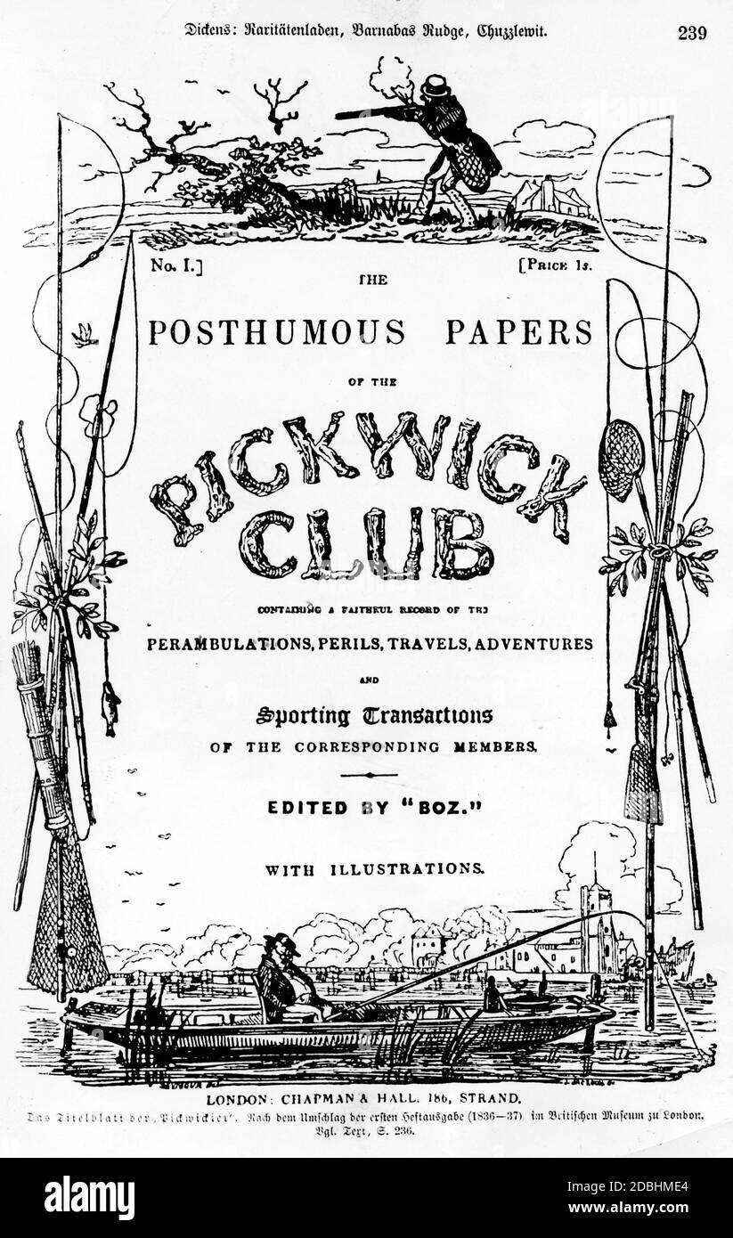 'Titel der ersten Ausgabe von ''Posthumus Papers of the Pickwick Club'' von Charles Dickens, London 1836.' Stockfoto
