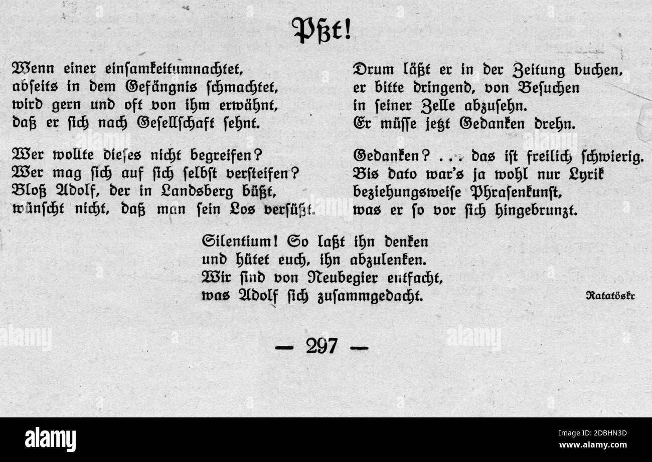Dieses satirische Gedicht wurde in der Zeitschrift Simplicissimus während Hitlers Gefangenschaft veröffentlicht. Stockfoto
