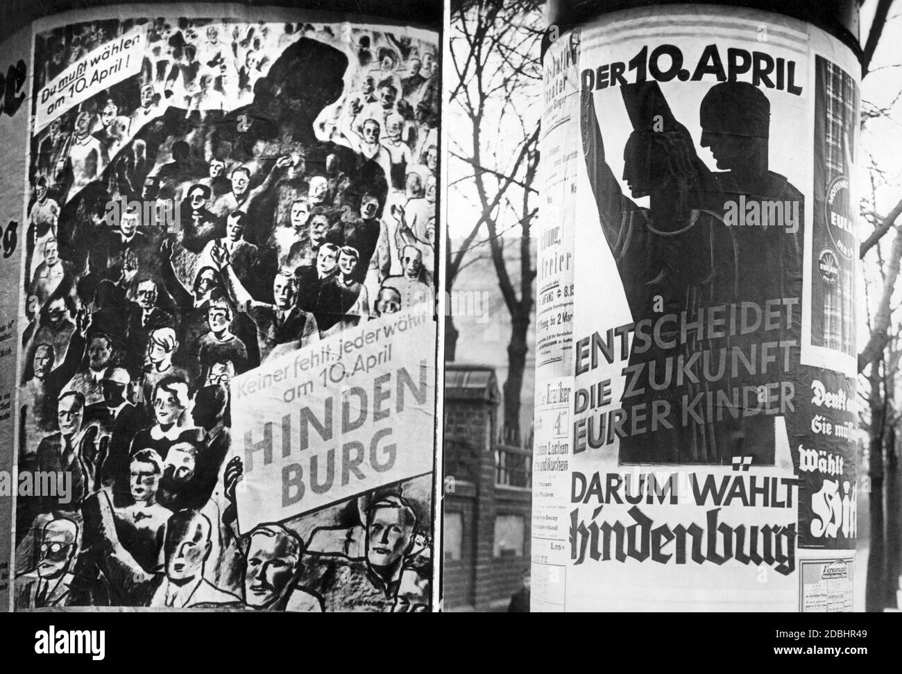Wahlplakate des Hindenburger Komitees mit dem Aufruf, Hindenburg am 10. April zum Reichspräsidenten zu wählen. Stockfoto
