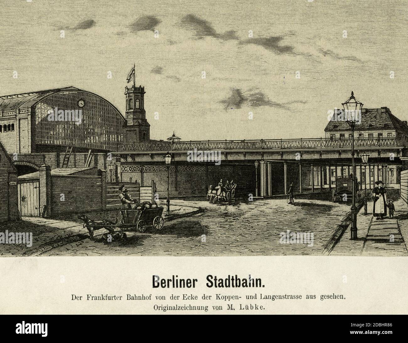 Blick auf den Frankfurter Bahnhof an der Ecke Koppenstraße/Langenstraße in Berlin. Eine Originalzeichnung von M. Luebke. Stockfoto