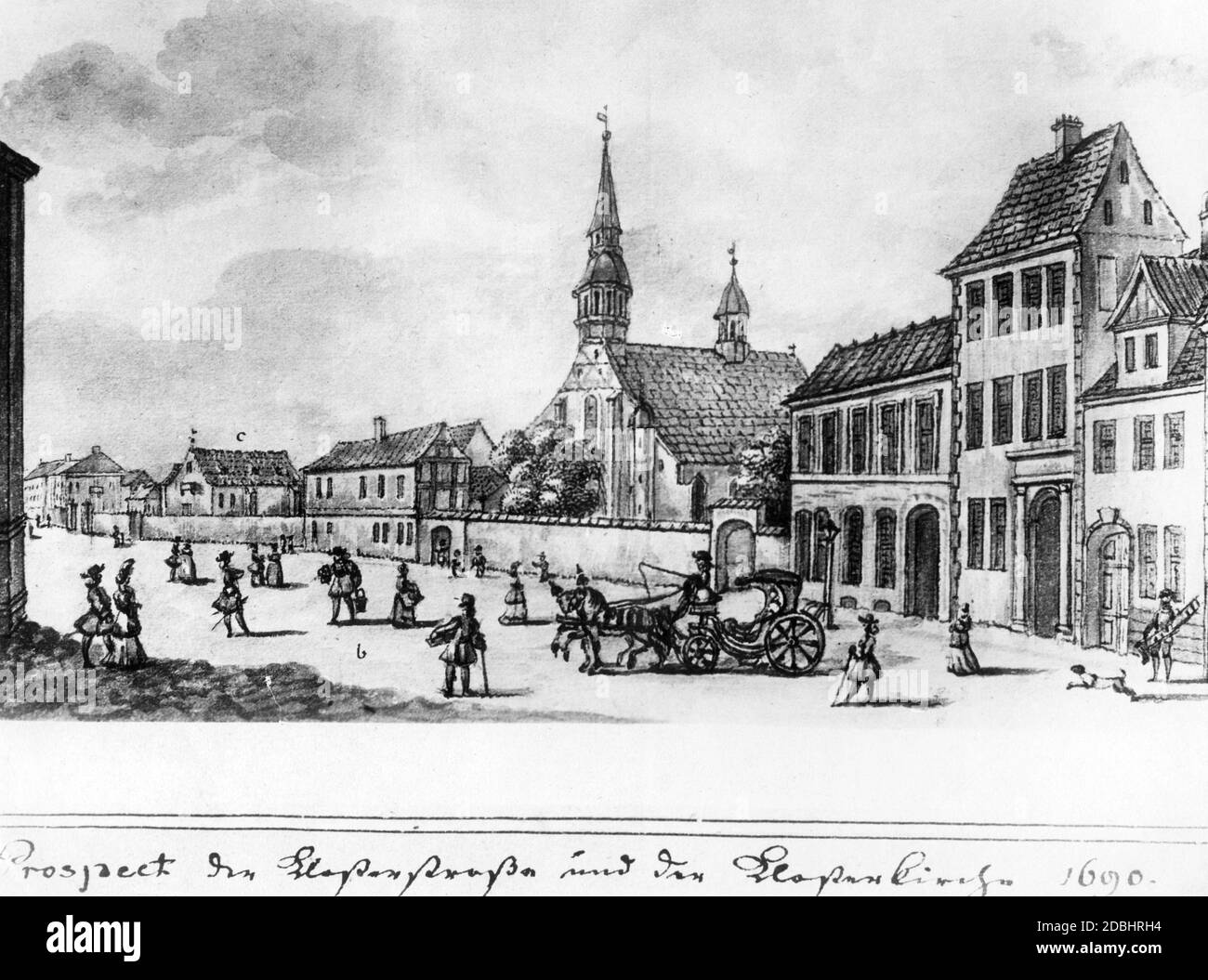 Die Zeichnung zeigt die Franziskanerkirche in der Klosterstraße in Berlin-Mitte um das Jahr 1690. Stockfoto