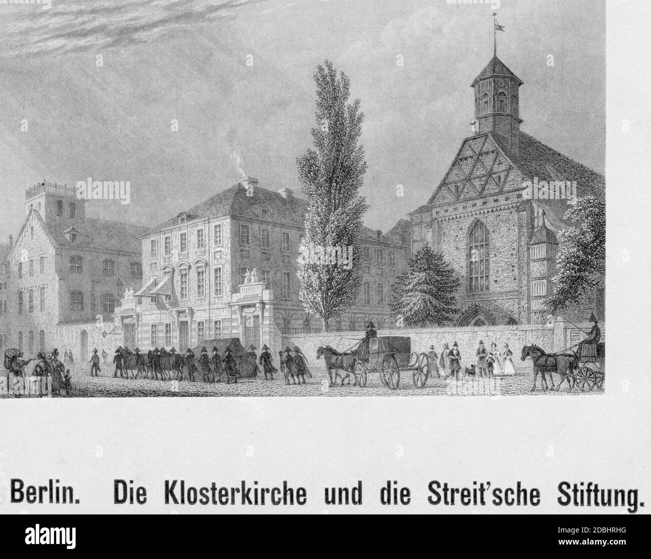 Der Stich von William Barber aus dem Jahr 1850 zeigt die Franziskanerkirche, das Graue Kloster und die Streit'sche Stiftung in Berlin-Mitte. Stockfoto