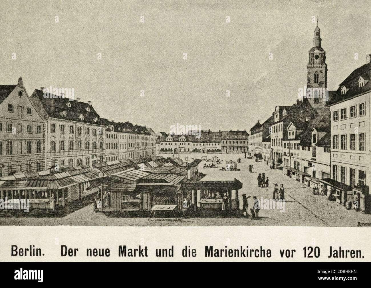 Der Stich zeigt den Neuen Markt und die Marienkirche (rechts) in Berlin-Mitte. Undatierte Aufnahme, wahrscheinlich um 1800 aufgenommen. Stockfoto