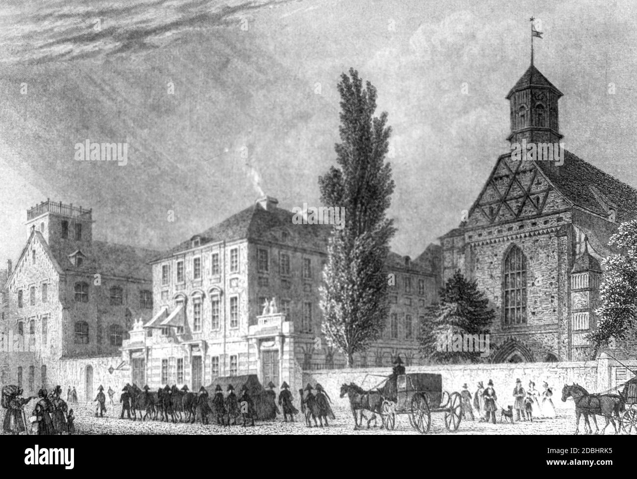 Der Stich von William Barber aus dem Jahr 1850 zeigt die Franziskanerkirche, das Graue Kloster und die Streit'sche Stiftung in Berlin-Mitte. Stockfoto