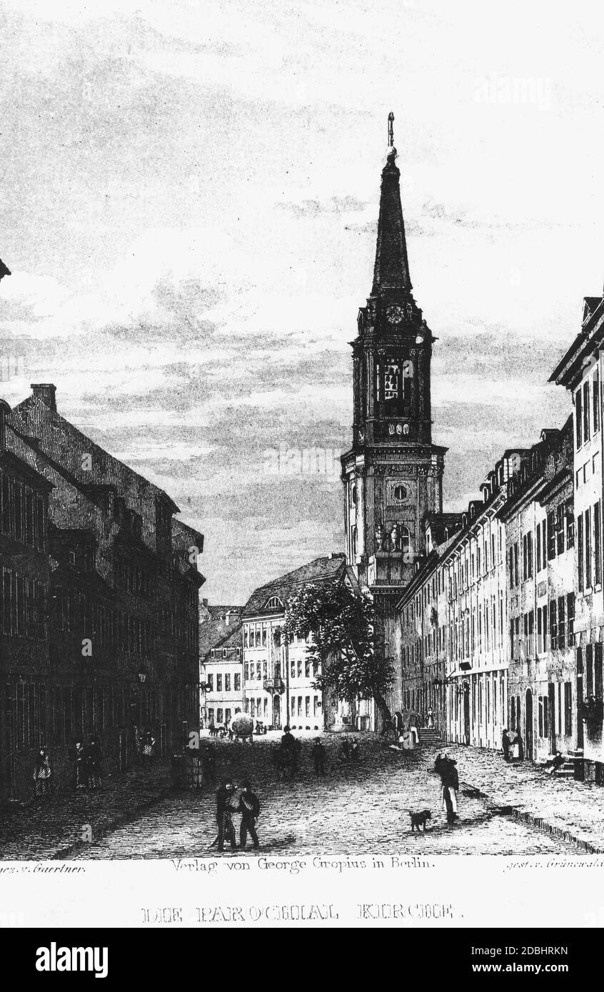 Dieser Stich von Grünewald nach einer Zeichnung von Eduard Gaertner aus dem Jahr 1828 zeigt die Parochialkirche in der Klosterstraße in Berlin-Mitte. Undatierte Gravur, erstellt um 1830 und veröffentlicht von George Gropius. Stockfoto