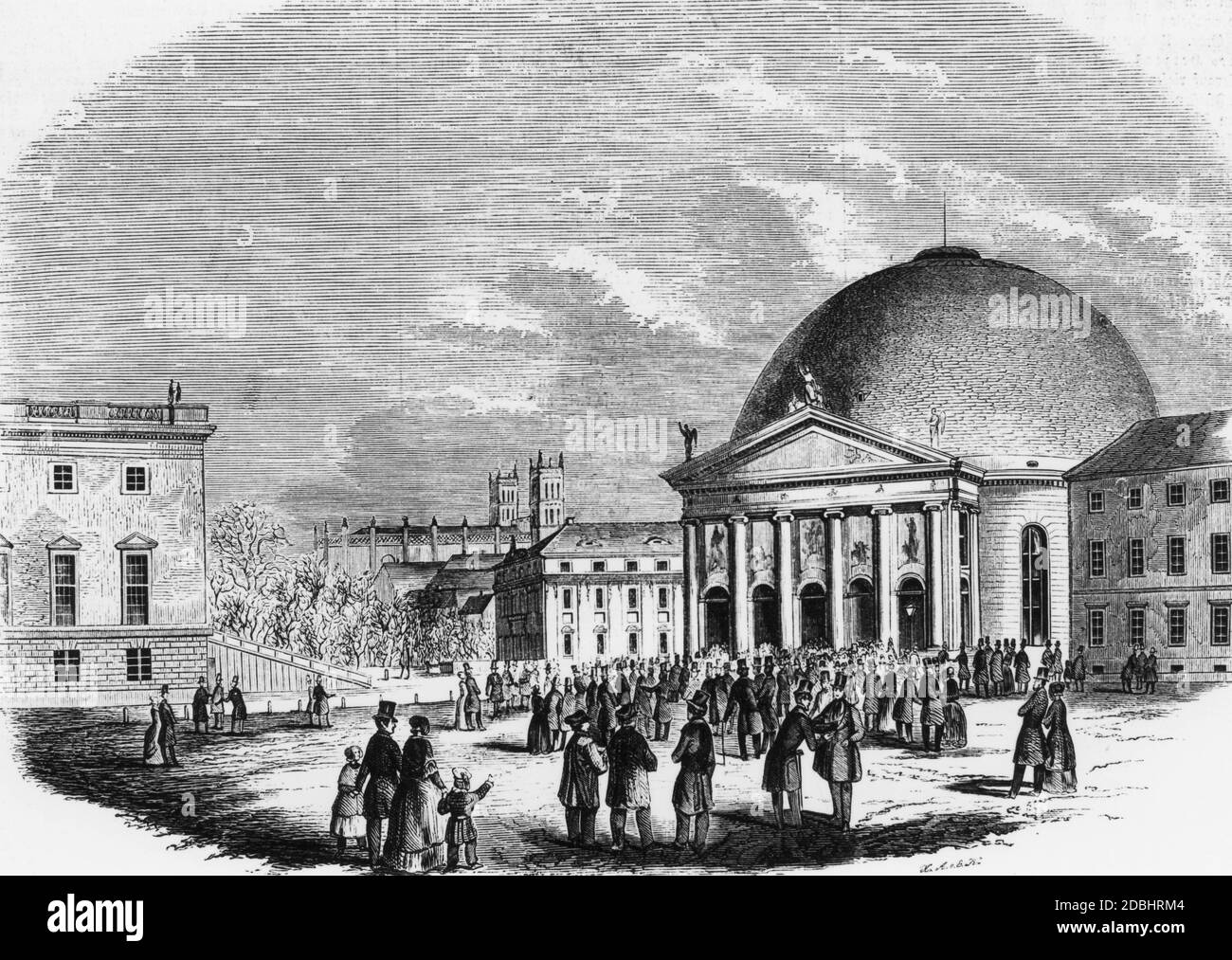 Die Zeichnung von 1847 zeigt den St. Hedwigs Dom am Bebelplatz in Berlin-Mitte. Die Kirchgänger haben sich auf dem Platz versammelt. Im Hintergrund die Friedrichswerdersche Kirche. Stockfoto