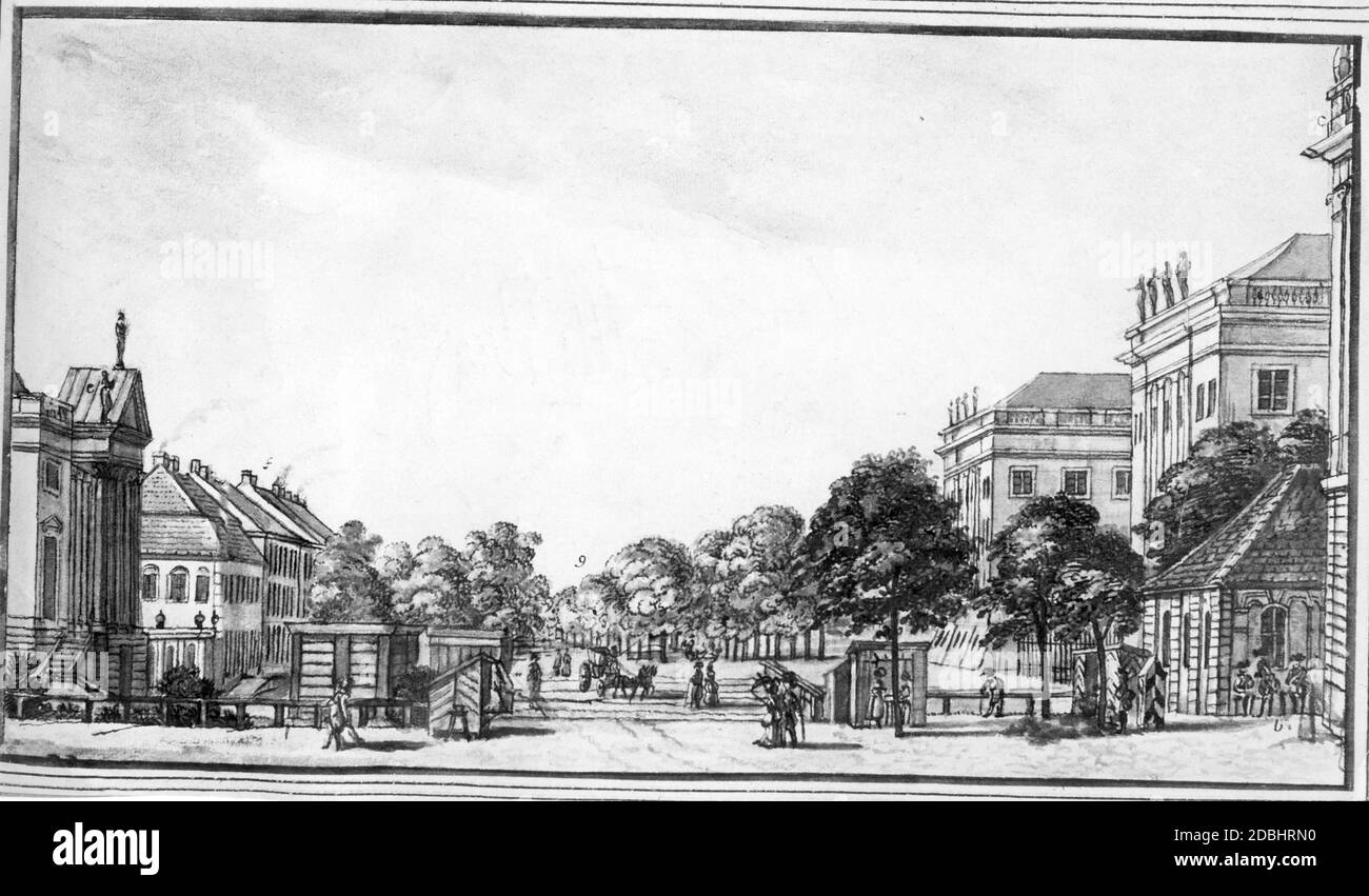 Diese undatierte Zeichnung zeigt den Boulevard unter den Linden in Berlin im 18. Jahrhundert. Stockfoto