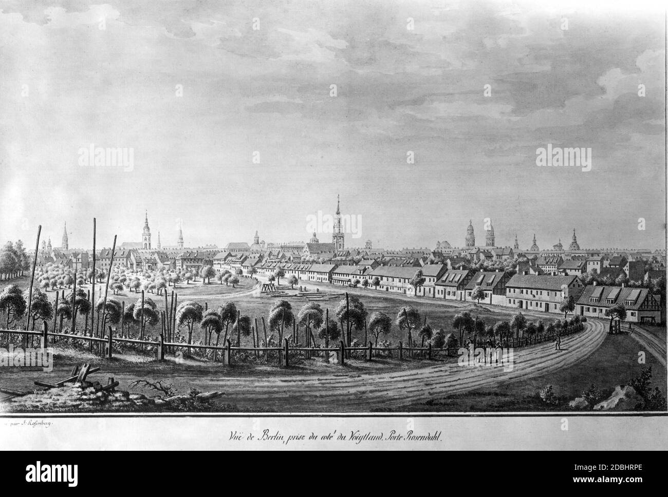 Das Gemälde von J. Rosenberg zeigt das alte Berlin im 18. Jahrhundert vom Rosenthaler Tor aus gesehen. Stockfoto