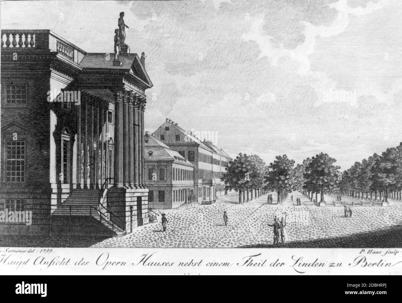 Diese Zeichnung von P. Haas aus dem Jahr 1799 zeigt den Boulevard unter den Linden in Berlin mit der Oper (links). Stockfoto