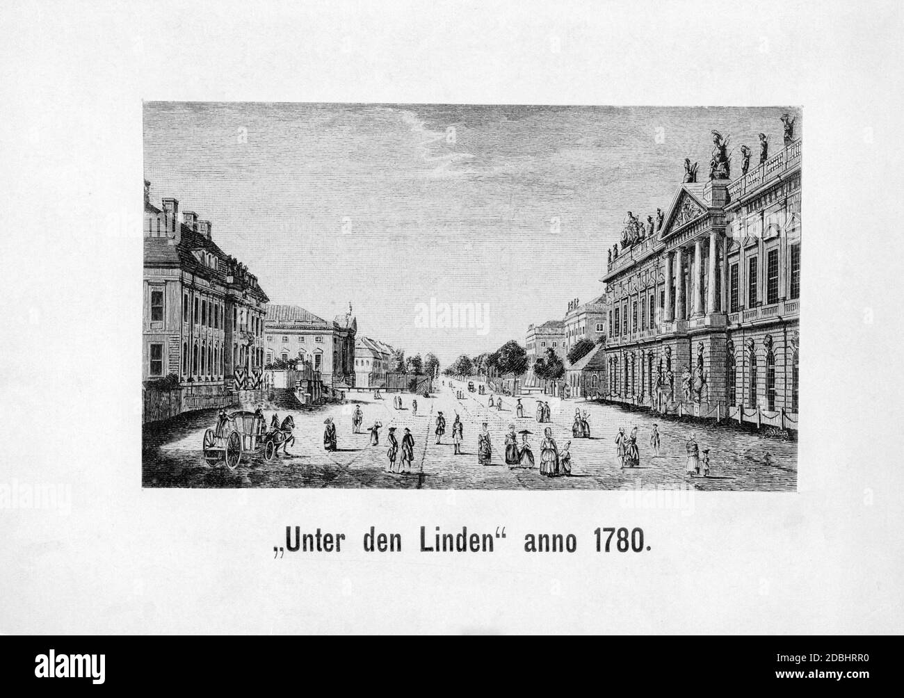 Diese Zeichnung von 1780 zeigt das Zeughaus (rechts), das Kronprinzenpalais (links) und die Staatsoper (dahinter rechts). Stockfoto