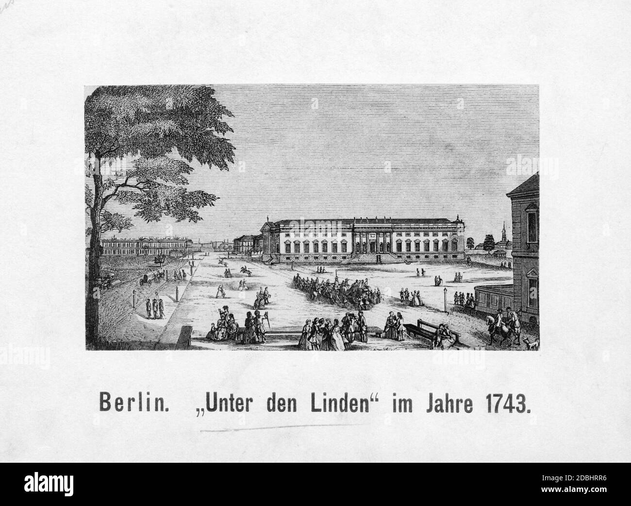 Diese Zeichnung aus dem Jahr 1743 zeigt den Boulevard unter den Linden in Berlin mit Fußgängern und Fahrern. Die prächtigen Gebäude sind noch immer entlang der Straße mit Lücken dazwischen verstreut. Auf der linken Seite befindet sich das Zeughaus. Stockfoto
