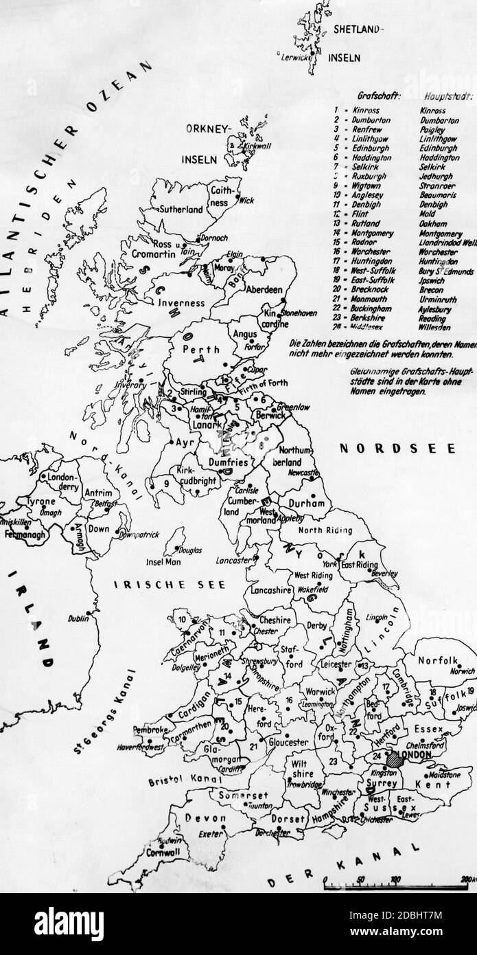 Eine Karte der Grafschaften im Vereinigten Königreich von Großbritannien und Nordirland vor 1939. Stockfoto