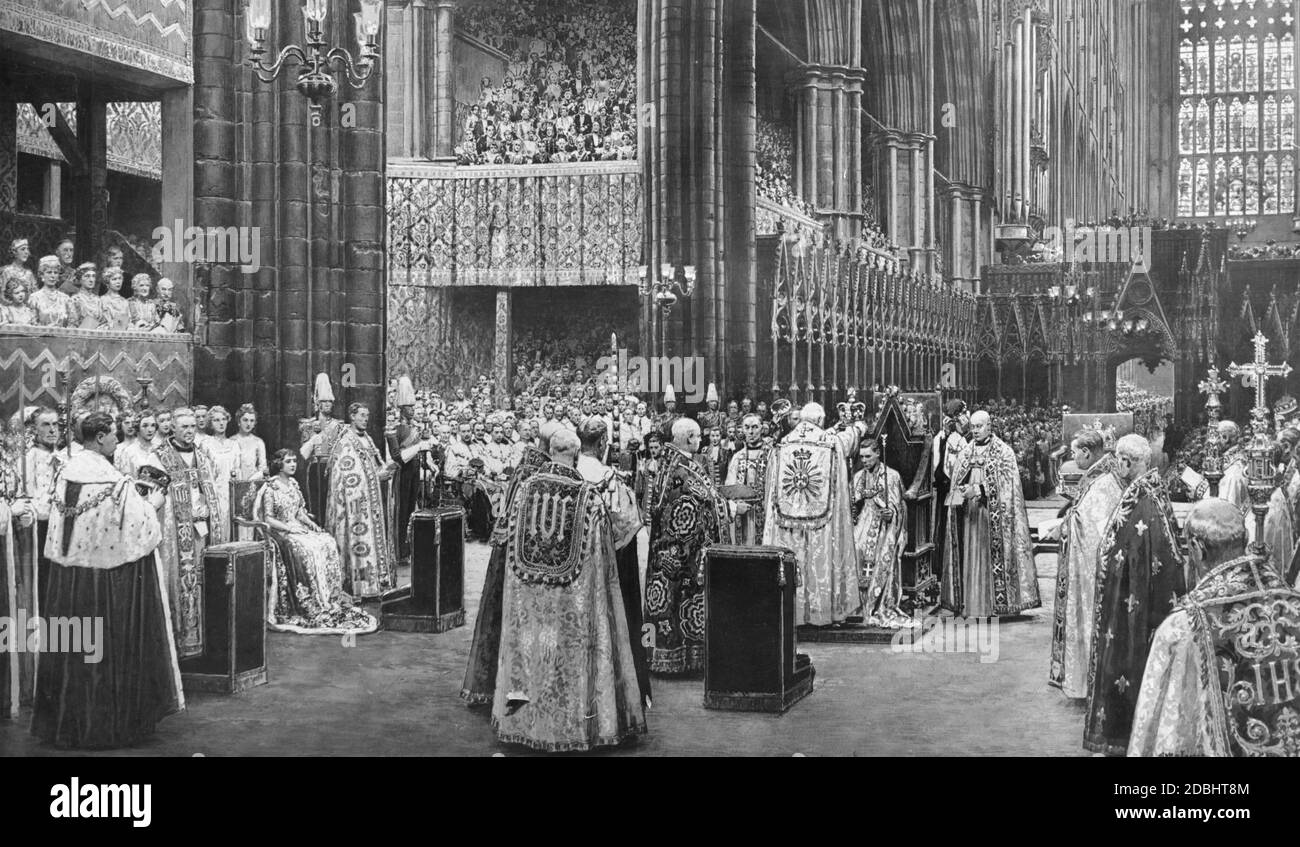 König George VI. Während seiner Krönungszeremonie in der Londoner Westminster Abbey. In der Box links sitzen die Prinzessinnen Elizabeth und Margaret Rose neben ihrer Großmutter Mary. (Nach einer Zeichnung von Fortuno Matania, Fotografie Kosmos, London) Stockfoto