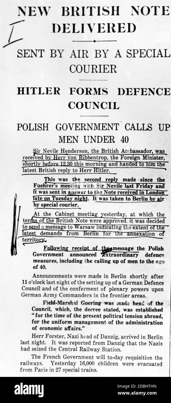 'Die erste Passage der späten Ausgabe der britischen Zeitung 'Daily Telegraph' vom 31. August 1939 als Auftakt zum Beginn des Krieges.' Stockfoto