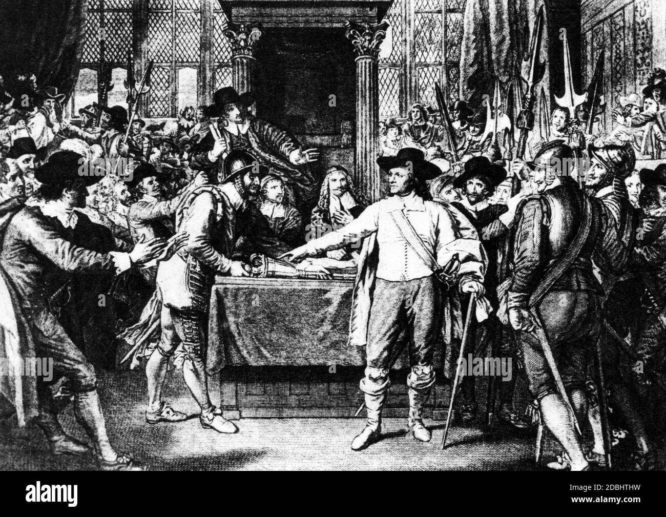 Eine Illustration aus dem 19. Jahrhundert zeigt die Auflösung des britischen Parlaments durch Oliver Cromwell. (Undatierte Aufnahme) Stockfoto