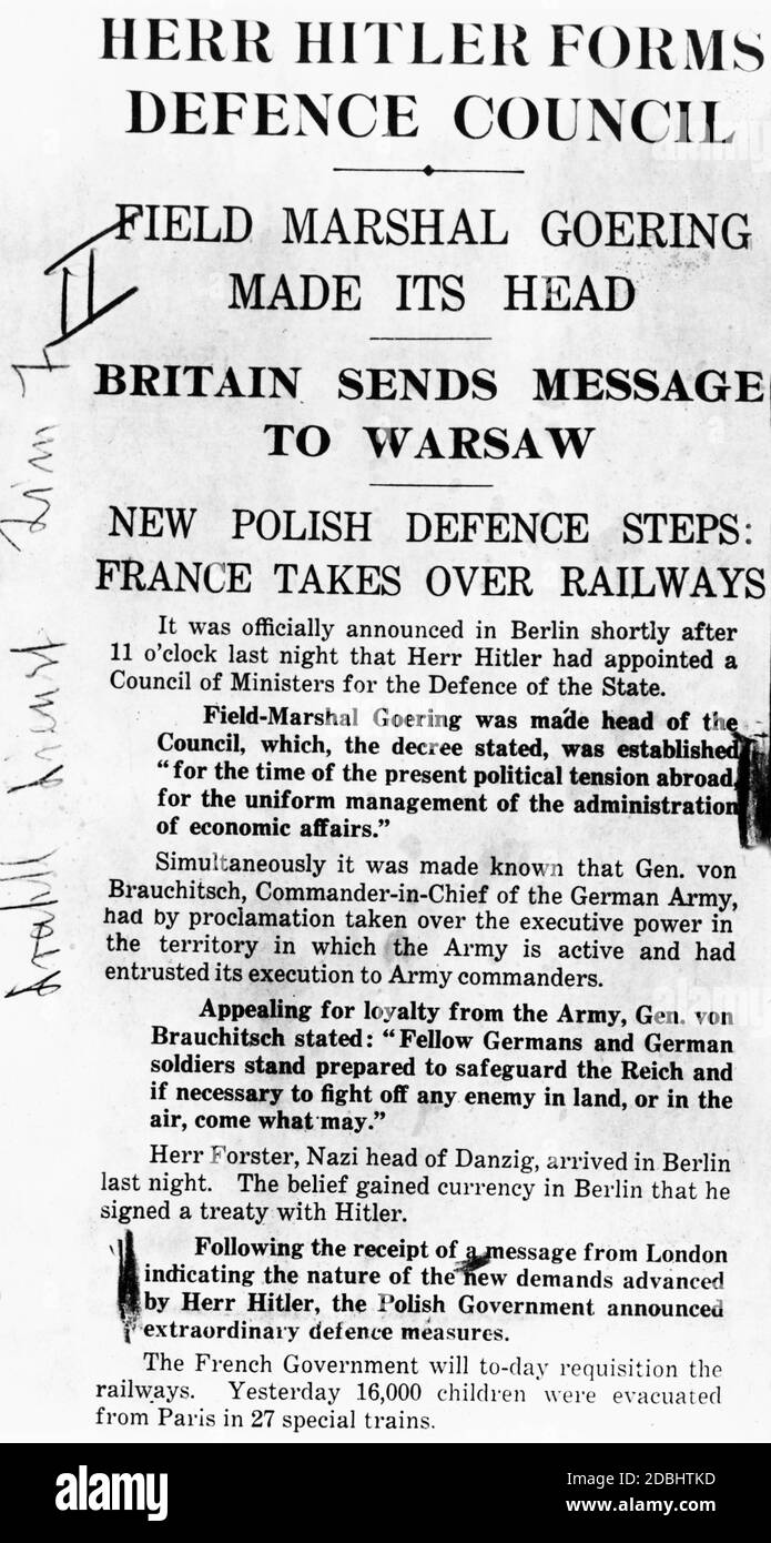 'Die zweite Passage der späten Ausgabe der britischen Zeitung 'Daily Telegraph' von 31.08.1939, als Auftakt zum Beginn des Krieges.' Stockfoto