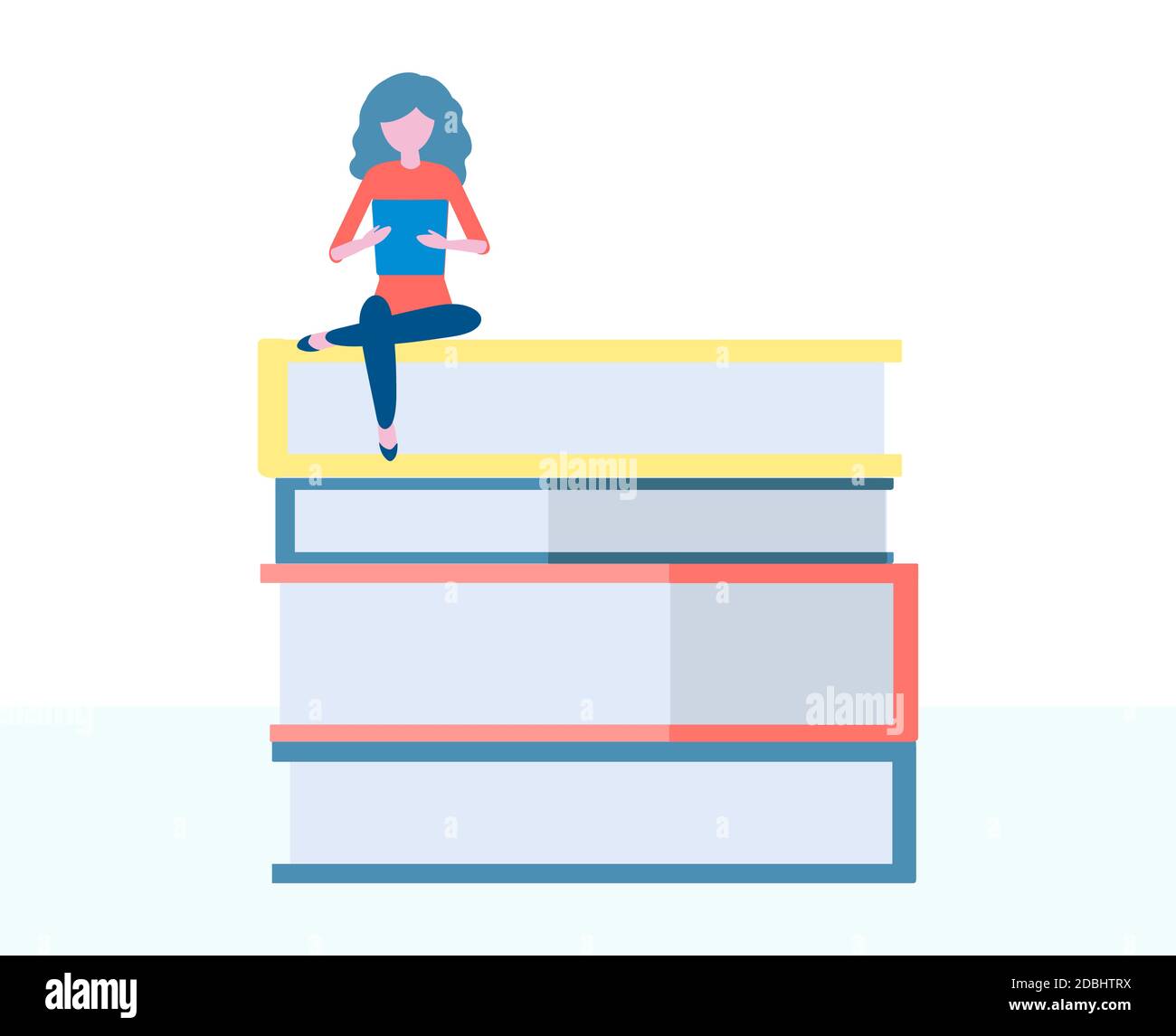 Frau liest Buch. Flaches Design Konzept von Bildung, Ausbildung, Kurse, Lernen, Bibliothek, Buchhandlung. Vektorgrafik. Stock Vektor