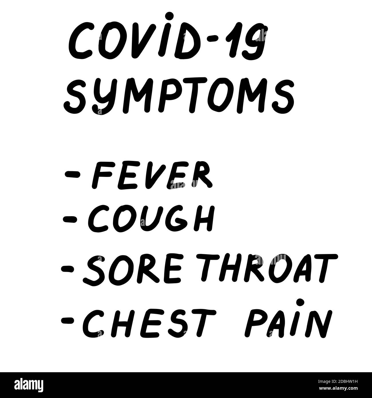 COVID-19-Symptome. Healthcare und Medizin Schriftzug. Signal des Coronavirus. Husten, Fieber, Halsschmerzen, Brustschmerzen. Vektor eps handgeschriebener Pinsel Stock Vektor