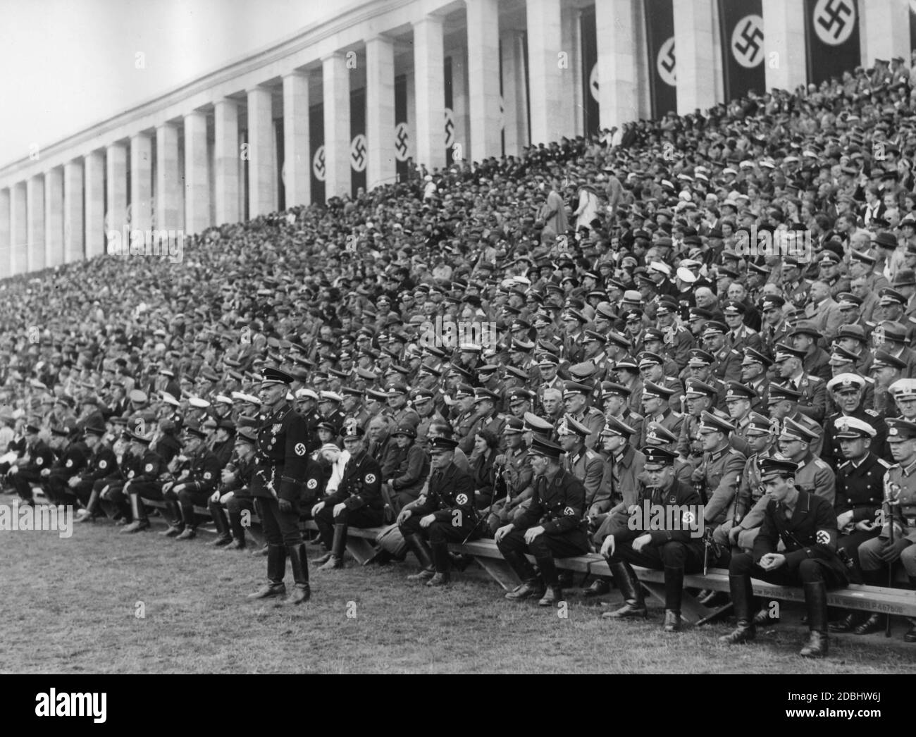 Teilansicht der Zuschauer, darunter SS und Wehrmacht, während der märzvergangenheit von Formationen des Reichsarbeitsdienstes auf dem Zeppelinfeld. Stockfoto