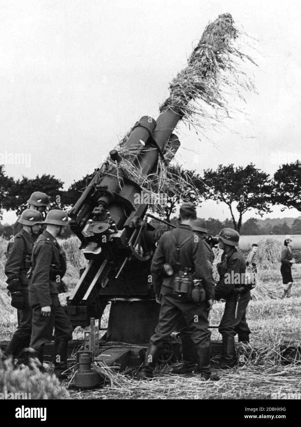 Umfangreiche Manöver der Luftwaffe vom 1. Bis 3. August 1939 mit Beteiligung der Luftgaue Hannover und Münster in den Gebieten Delmenhorst, Cleve, Osnabrück, Quakenbrück und Oldenburg. Das Bild zeigt ein getarntes Flak-Geschütz in Schussposition. Stockfoto