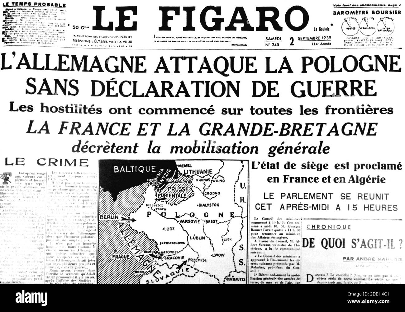 "Am 2. September 1939 berichtete die französische Tageszeitung ''Le Figaro'' über den deutschen Angriff auf Polen und die daraus resultierende allgemeine Mobilisierung in Frankreich." Stockfoto