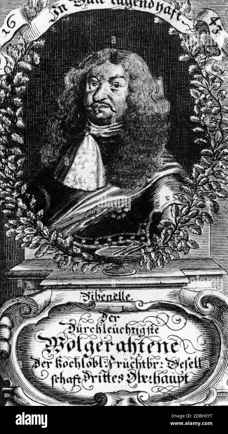 "1617 gründete Caspar von Teutleben die "Fruchtbringende Gesellschaft", auch bekannt als "Palmenorden", eine Sprachgesellschaft, die die deutsche Schrift- und Sprachsprache fördern wollte. August, Herzog von Sachsen, ist der dritte Führer der Gesellschaft. Die Gesellschaft, die aus zahlreichen Aristokraten, Dichtern und Schriftstellern bestand, wurde 1680 aufgelöst." Stockfoto