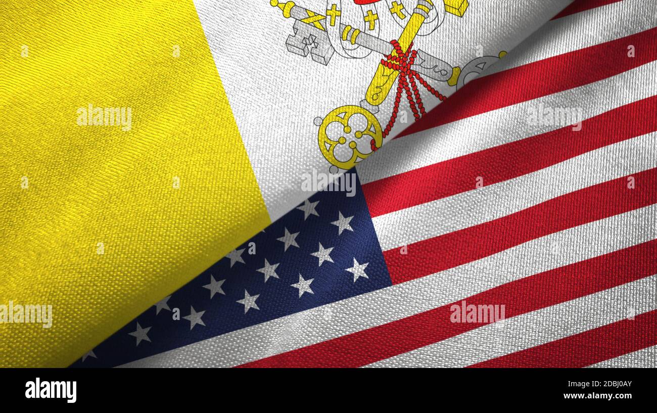 Vatikan und Vereinigte Staaten zwei Flaggen Textiltuch, Stoff Textur Stockfoto