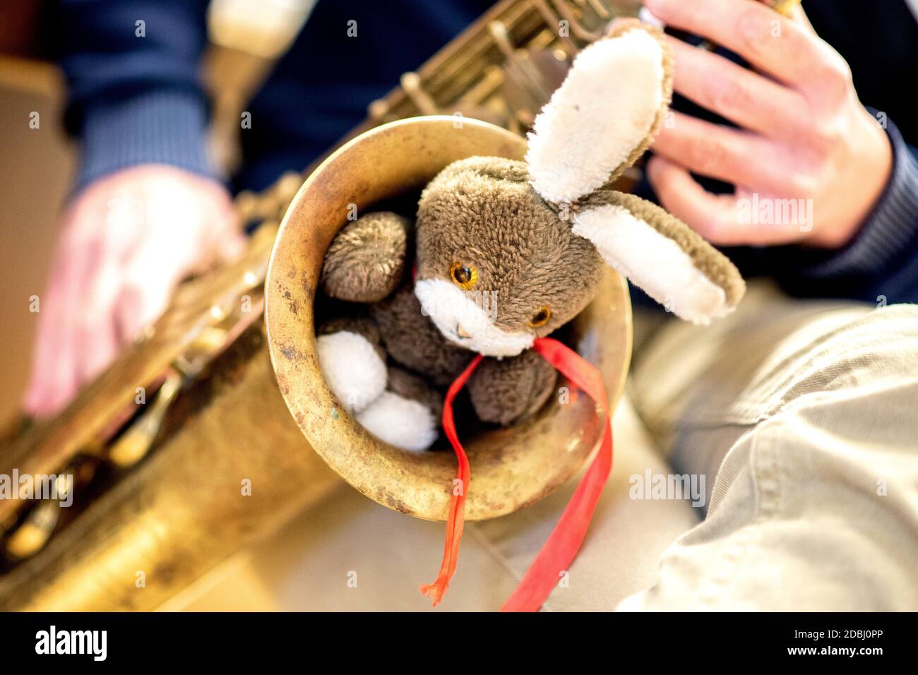 03. November 2020, Niedersachsen, Hannover: Ein Stoffkaninchen als Schutz vor Aerosolen schließt die Glocke des Saxophons des Musiklehrers Ulrich Orth während eines Unterrichts an der städtischen Musikschule. Foto: Hauke-Christian Dittrich/dpa Stockfoto