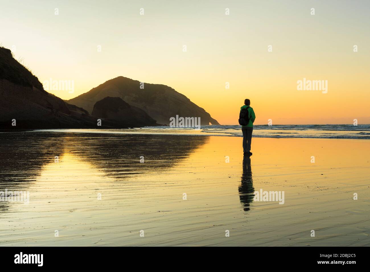 Wharariki Beach bei Sonnenuntergang, Golden Bay, Tasman, Südinsel, Neuseeland, Pazifik Stockfoto
