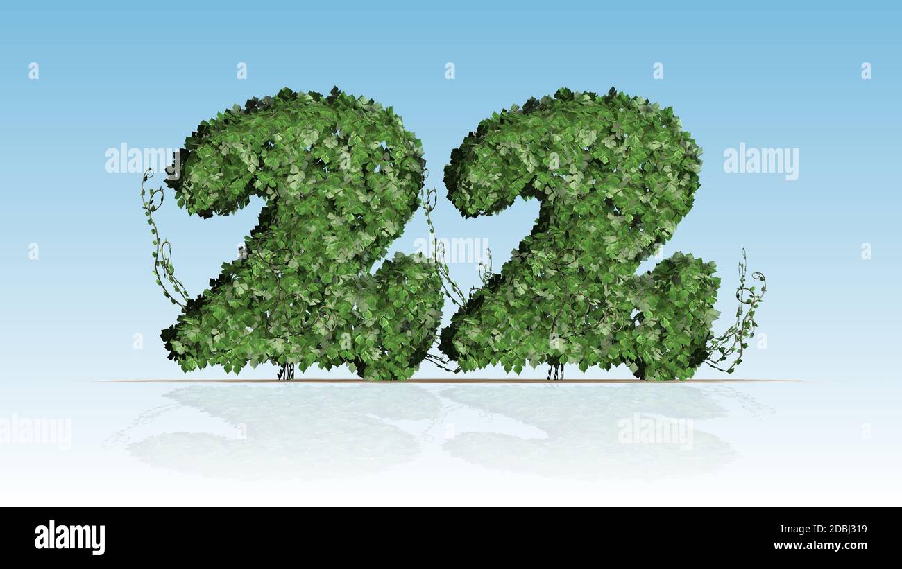 Die Nummer 22 wurde aus grünen Efeu-Blättern erschaffen Stockfoto