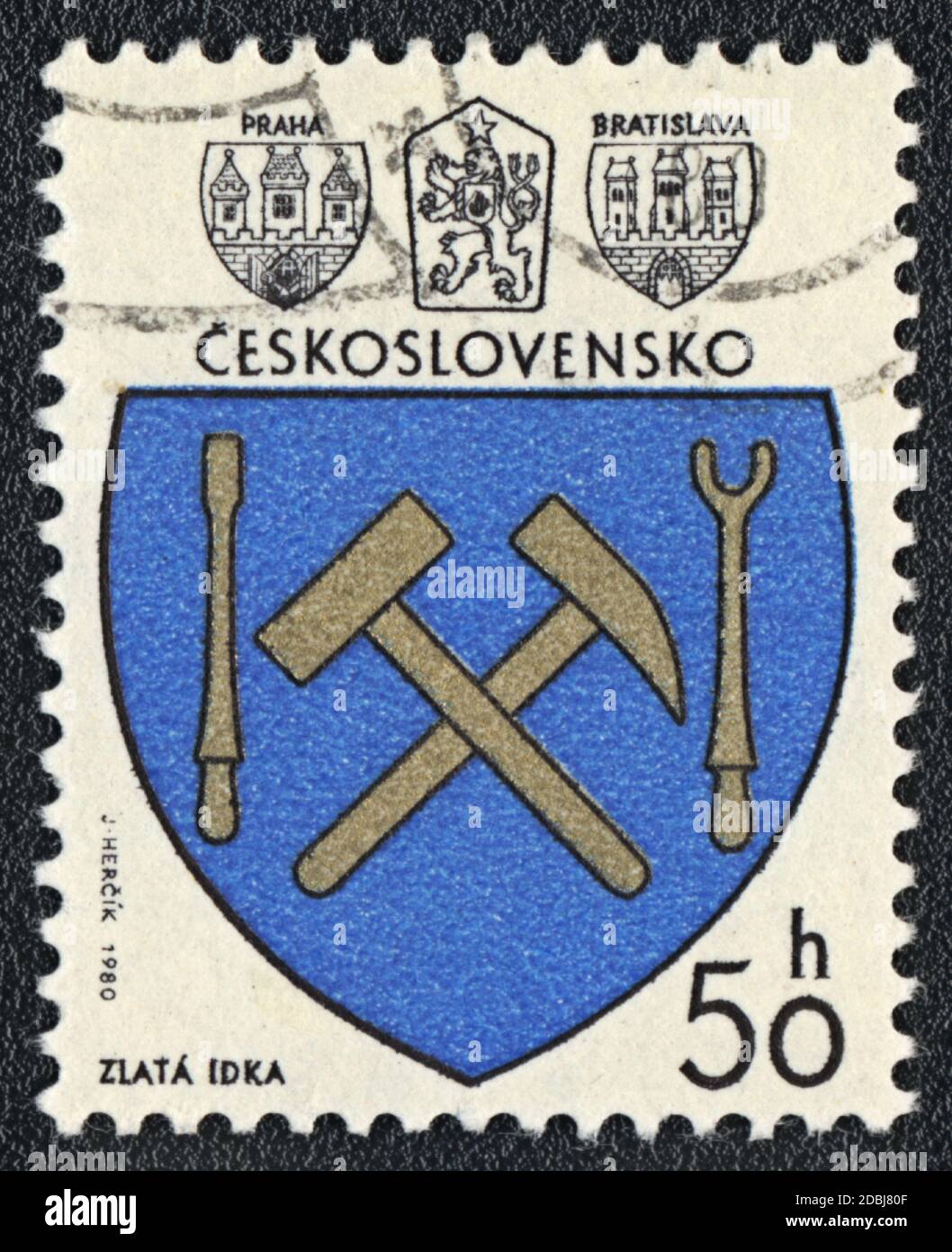 Eine in der Tschechoslowakei gedruckte Briefmarke zeigt das Zlata Idka Emblem, 1980 Stockfoto
