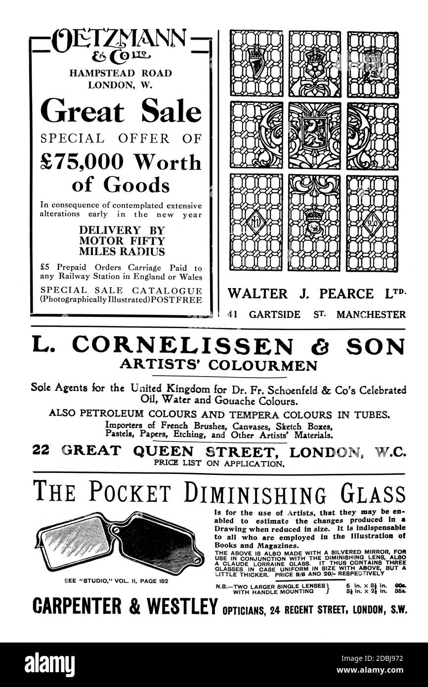 Werbungsseite von 1907 das Studio ein Illustriertes Magazin Der bildenden und angewandten Kunst Stockfoto