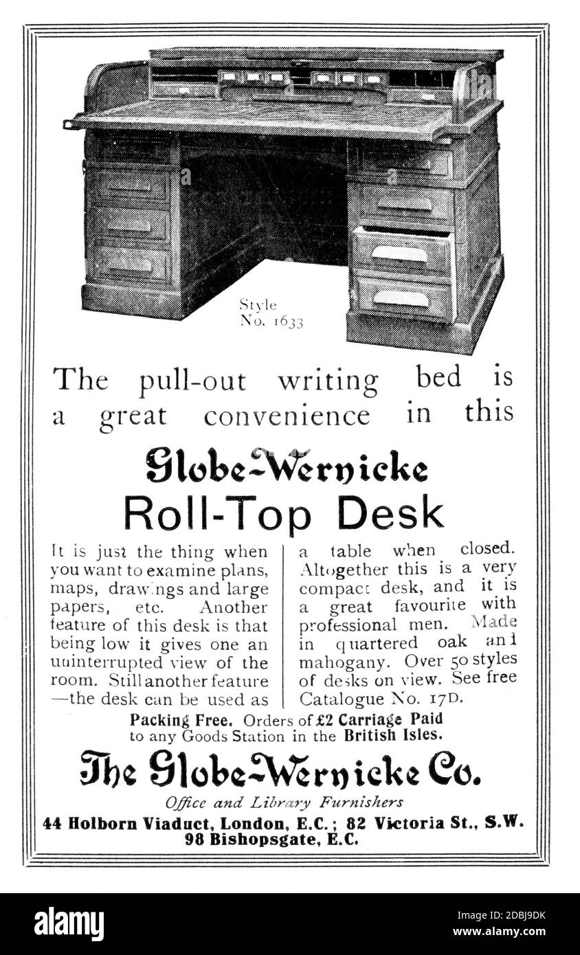 Globe Wernicke Roll top Schreibtisch Werbung von 1907 The Studio Ein Illustriertes Magazin für bildende und angewandte Kunst Stockfoto