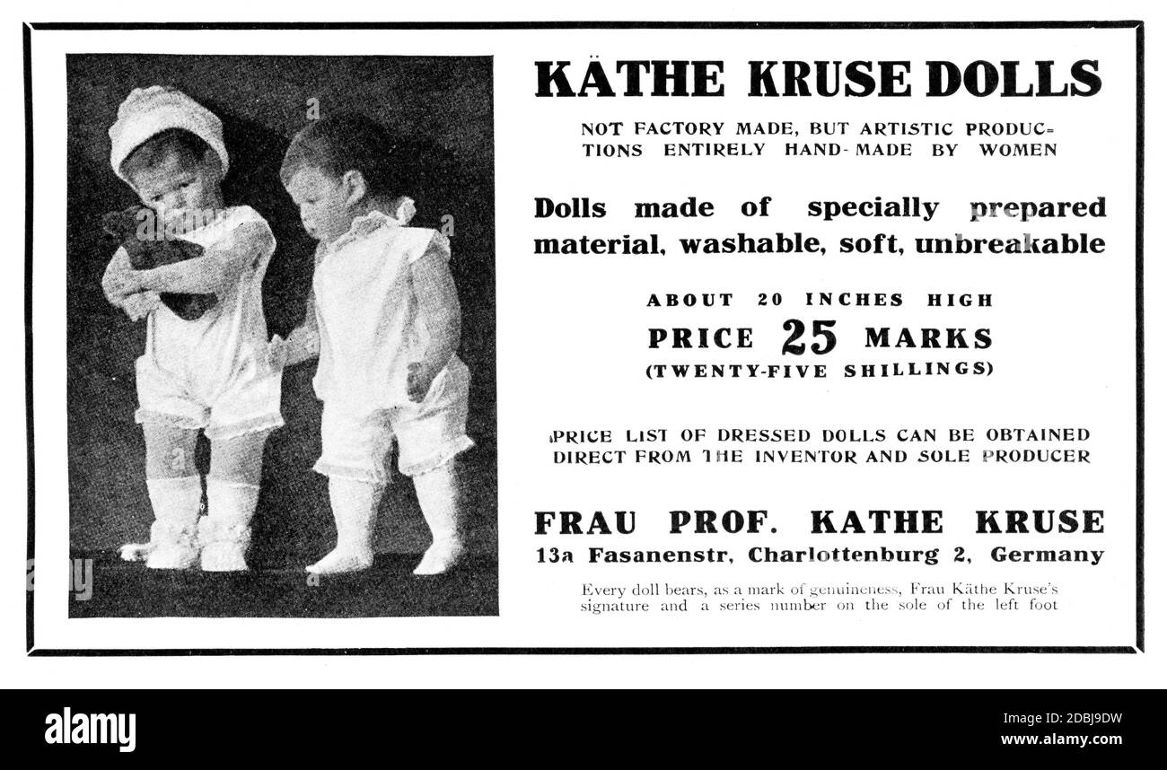 1914 in Deutschland gefertigte Kathe Kruse Puppenwerbung aus dem Studio an Illustriertes Magazin für bildende und angewandte Kunst Stockfoto