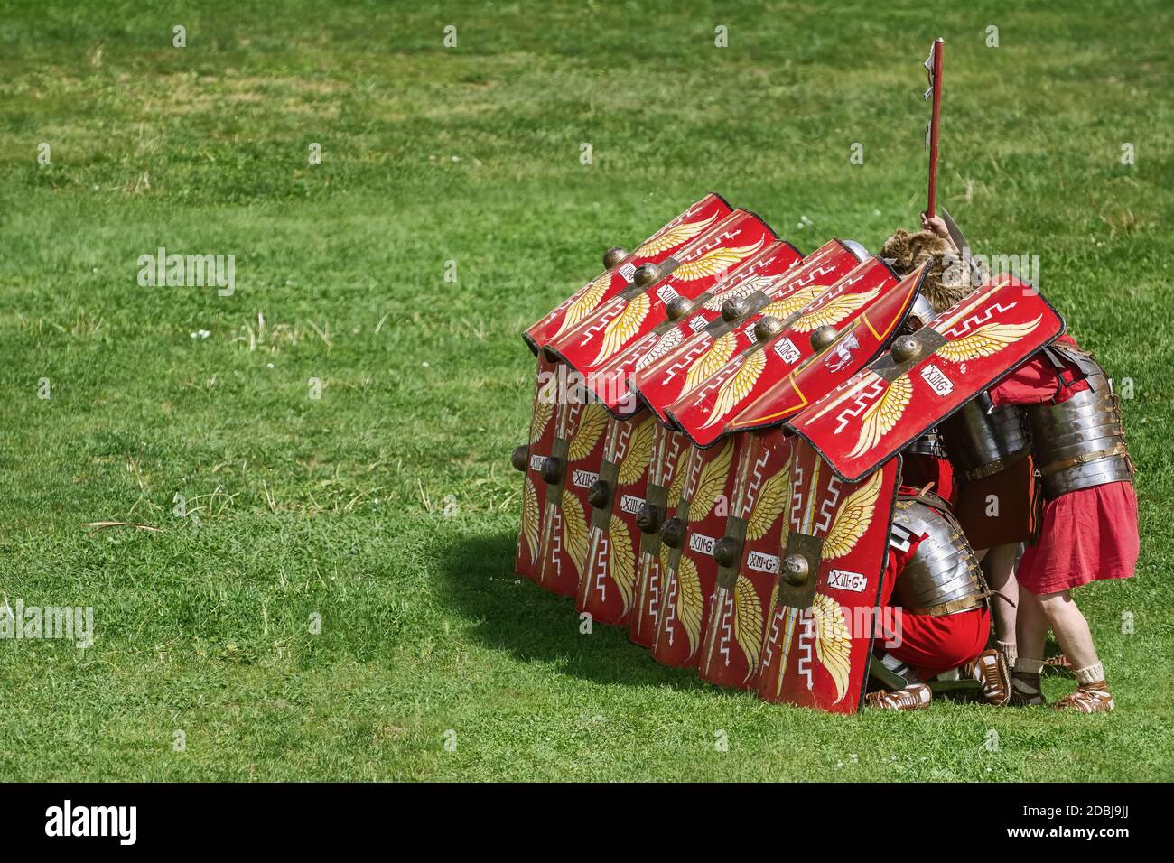 Die Verteidigungsstruktur der römischen Legionäre Stockfoto