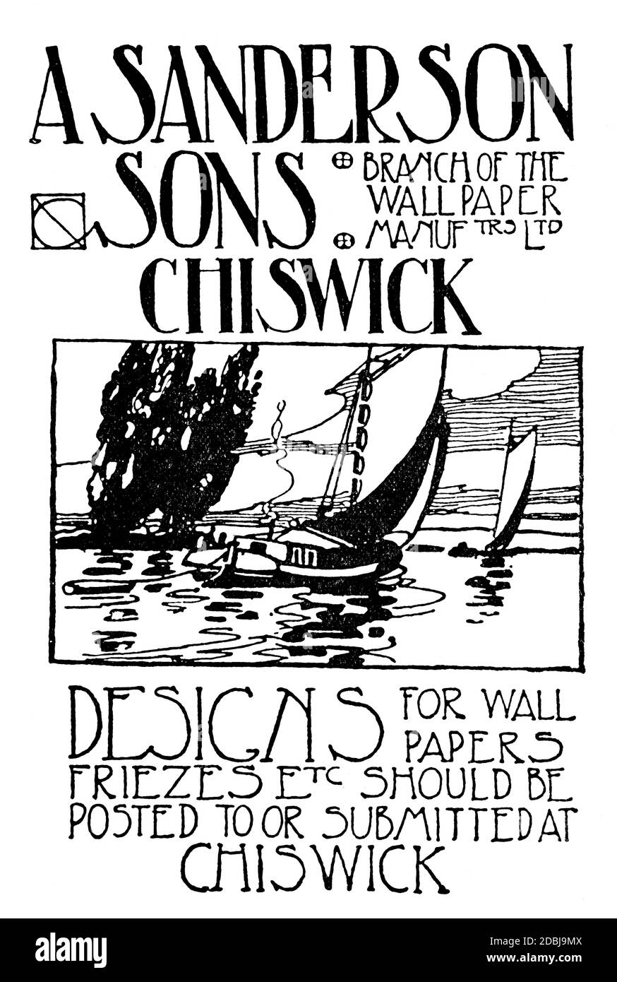 Handgezeichnetes Segelboot Design Werbung für EINEN Sanderson & Sons, Tapetenhersteller aus Chiswick, London von 1912 das Studio an Illustrated M Stockfoto