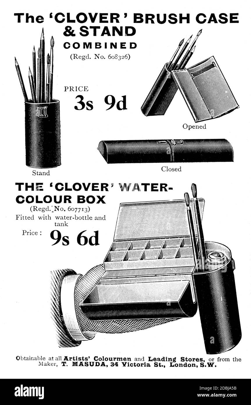 Kleebürstenkoffer und -Ständer, Künstlermaterialien Werbung aus dem Jahr 1912 das Studio ein Illustriertes Magazin für bildende und angewandte Kunst Stockfoto