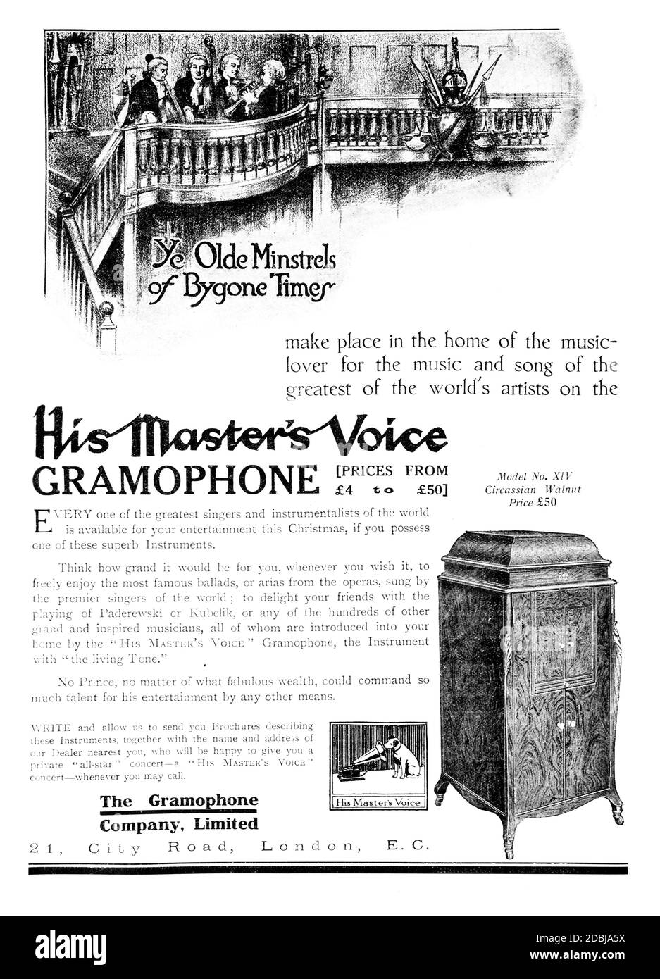 Ye Olde Minstrels vergangener Zeiten nostalgisch 1914 seines Meisters Voice Gramophone Werbung aus dem Studio an Illustrated Magazine of Fine und Appli Stockfoto