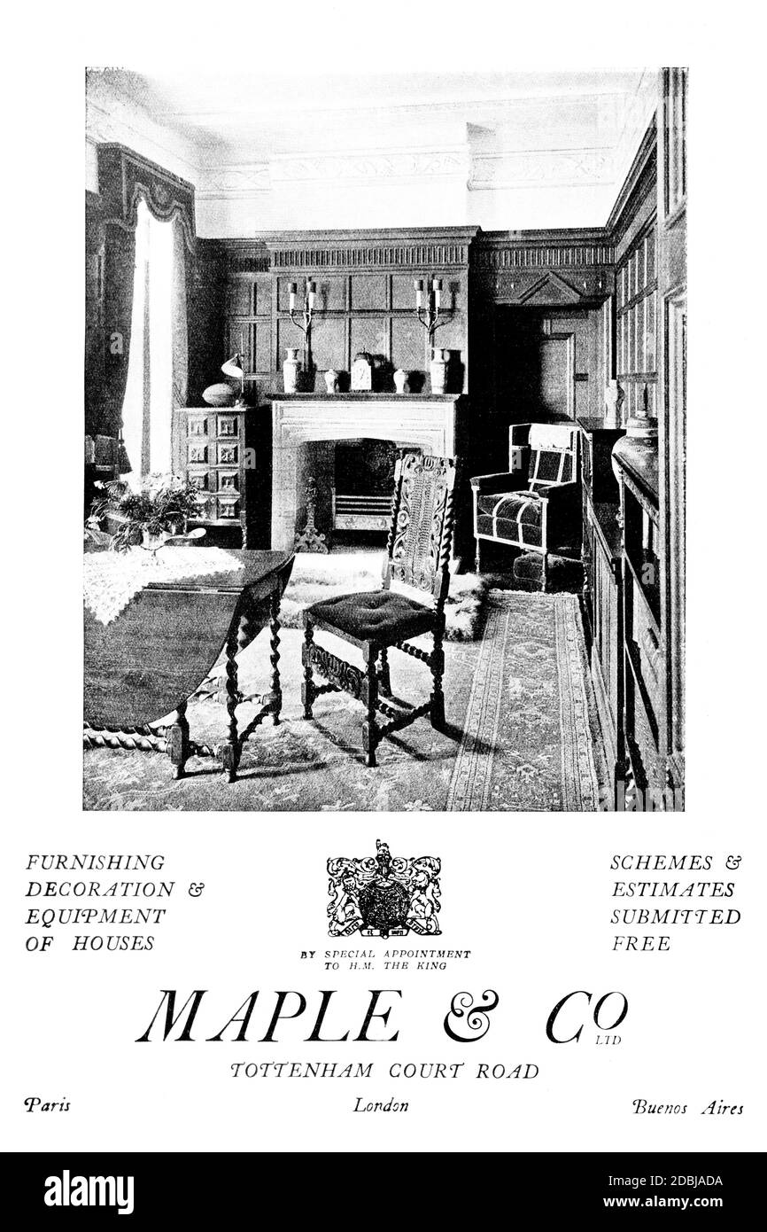Maple & Co, Wohnzimmermöbel Werbung von 1914 das Studio ein Illustriertes Magazin für schöne und angewandte Kunst Stockfoto