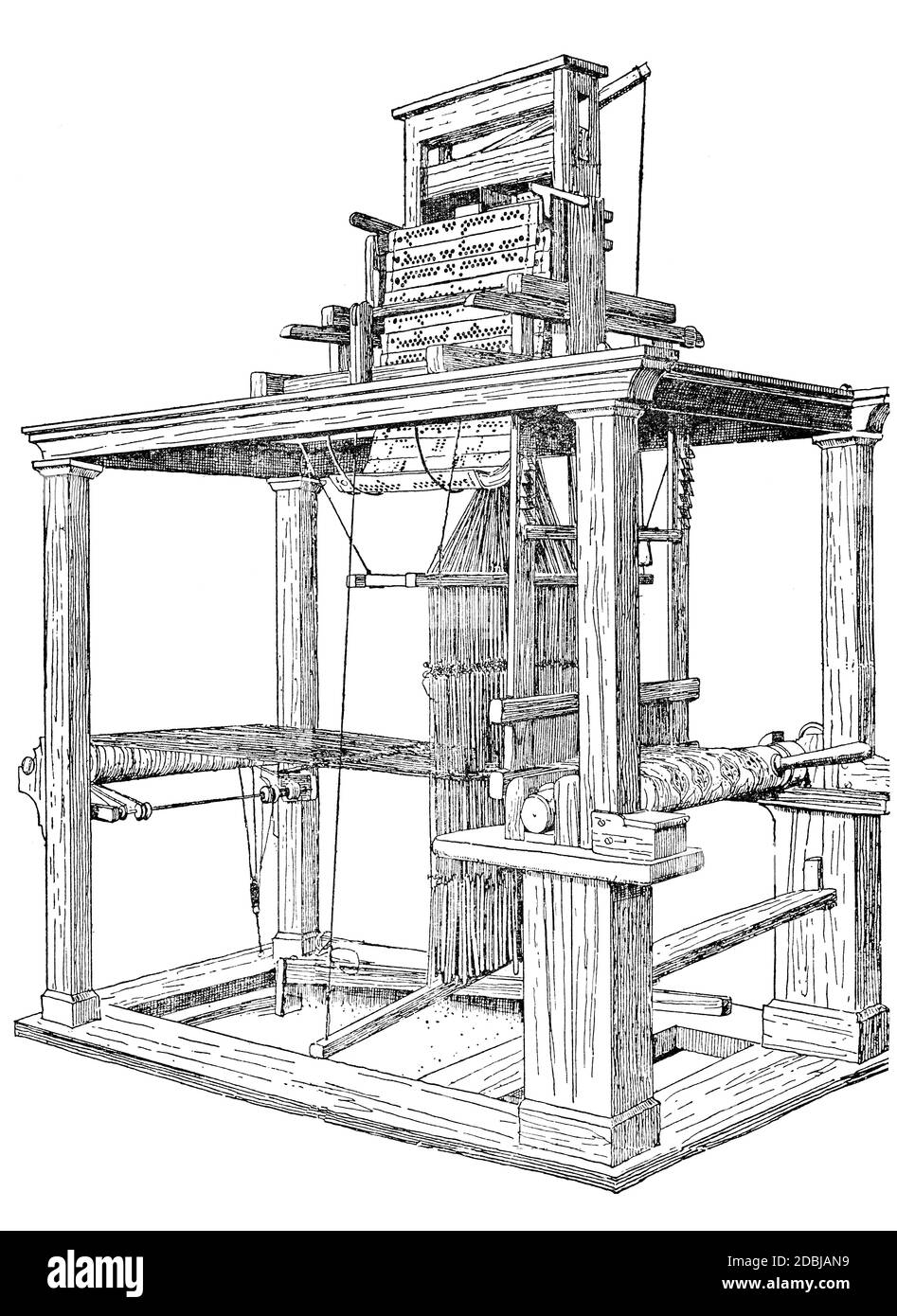 1804 original Jacquard Loom, 1923 Linienillustration aus historischen Textilstoffen von Richard Glazier Stockfoto