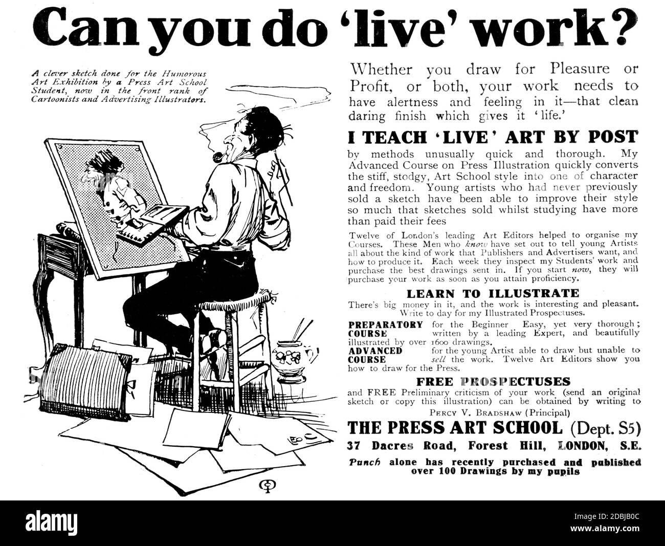 Können Sie live arbeiten? werbung für den Pressekunstschule Korrespondenzkurs von 1914 das Studio ein Illustriertes Magazin der Schönen und angewandten Ar Stockfoto