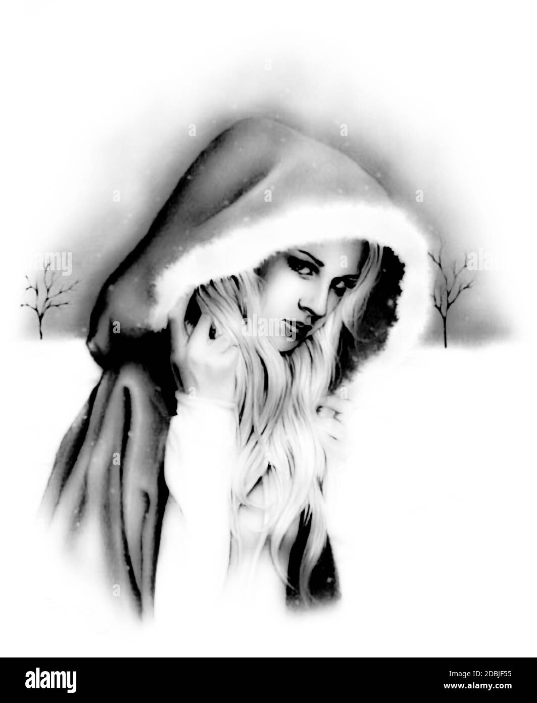Mädchen in einem Pelzmantel mit Kapuze im Winter. Halbgesichtsporträt. Stockfoto