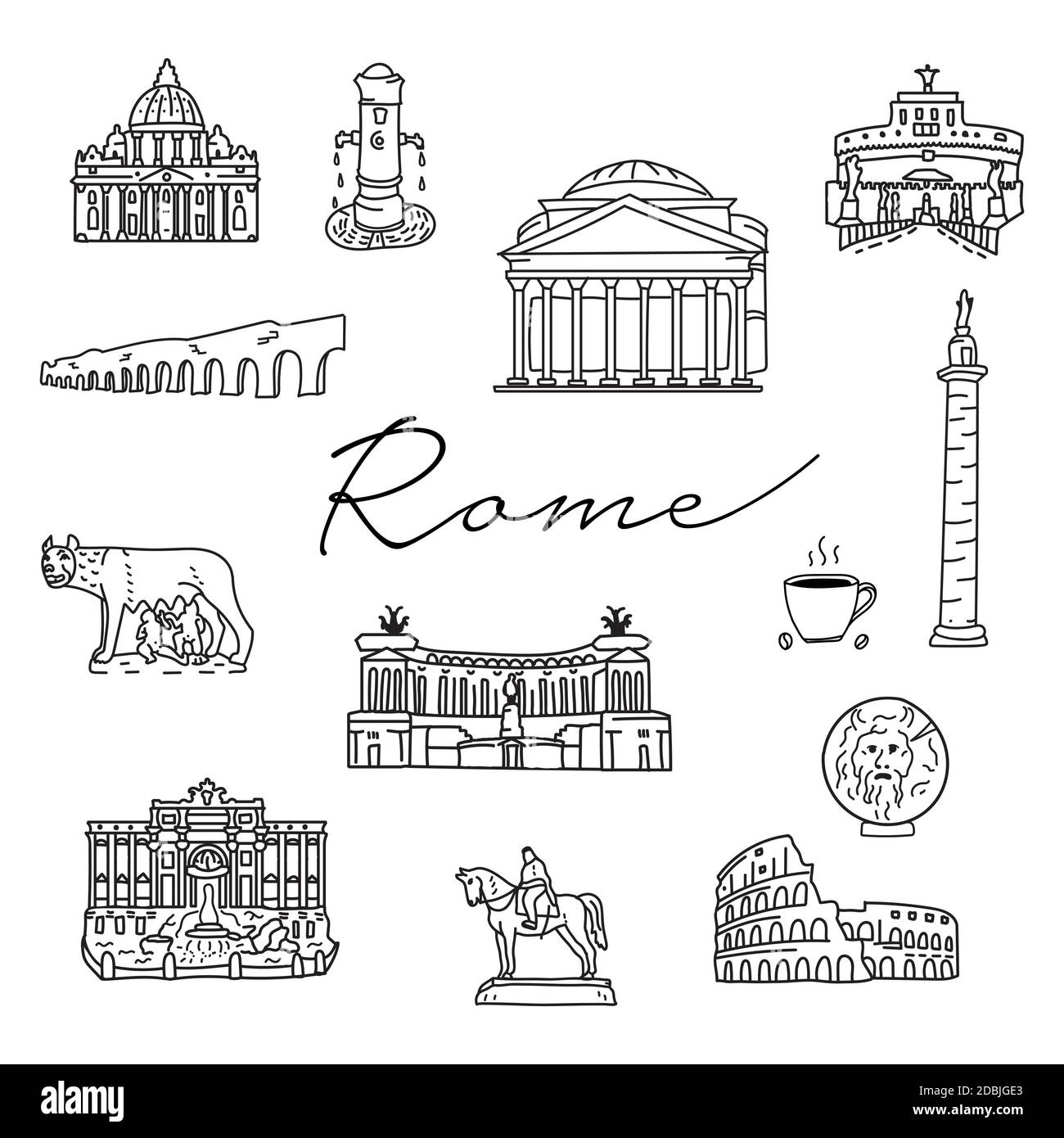 Italien Rom handgezeichnete Doodle-Ikonen. Reisearchitektur. Brunnen, Kathedralen. Italienische Symbole umreißen Zeichnung Clipart. Stock Vektor