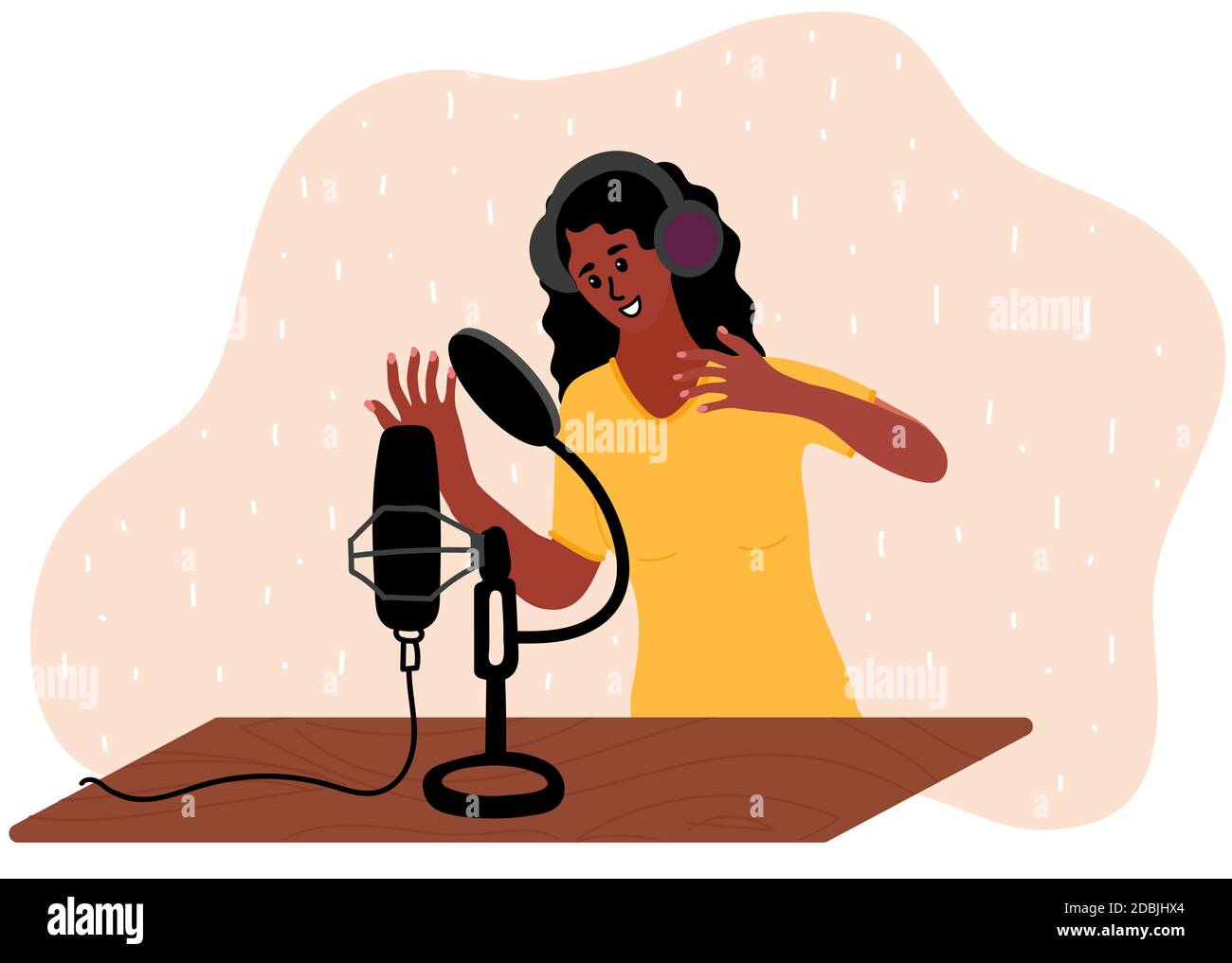 Frau macht Live-Podcast. Weibliche Podcaster im Gespräch mit Mikrofon Aufnahme Stimme im Studio. Vektorgrafik im flachen Stil. Stock Vektor