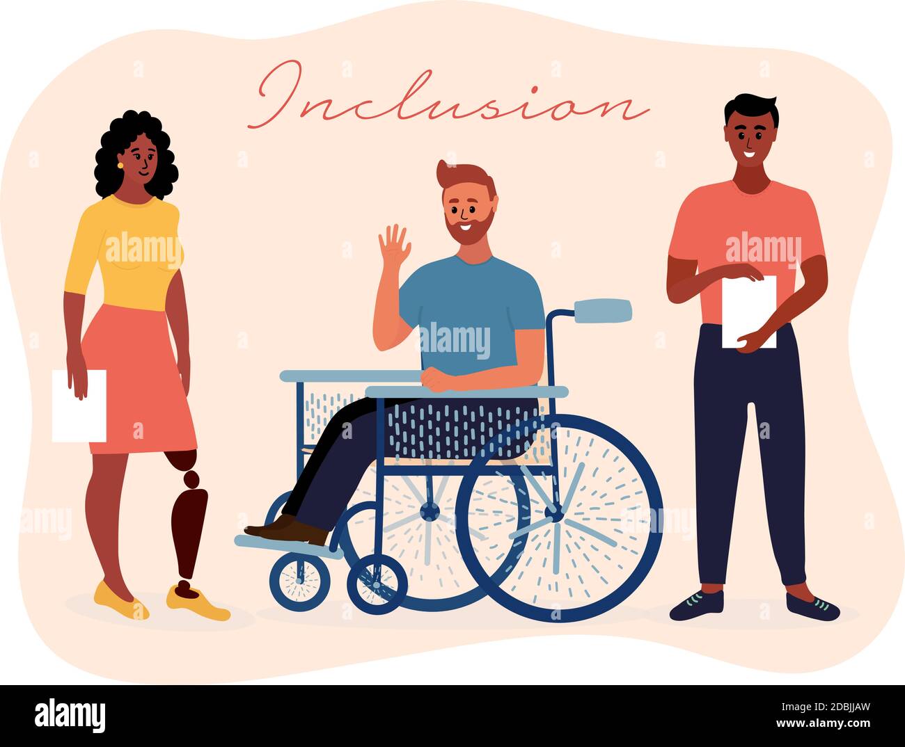 Einbeziehung. Inklusive taem von afro amerikanischen behinderten Frau mit künstlichem Bein, kaukasischen Mann im Rollstuhl und indischen Mann. Büroleben. Vielfalt Stock Vektor