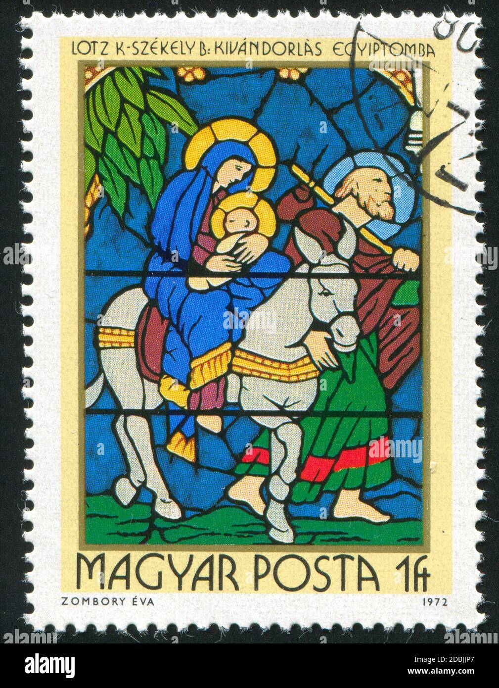 UNGARN - UM 1972: Briefmarke gedruckt von Ungarn, zeigt Buntglasfenster, Flucht nach Ägypten, von Karoly Lotz und Bertalan Szekely, um 1972 Stockfoto