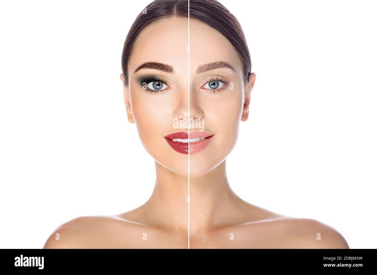Vor und nach dem Entfernen von Make-up. Frau Gesicht mit Make-up und ohne auf weißem Hintergrund Stockfoto